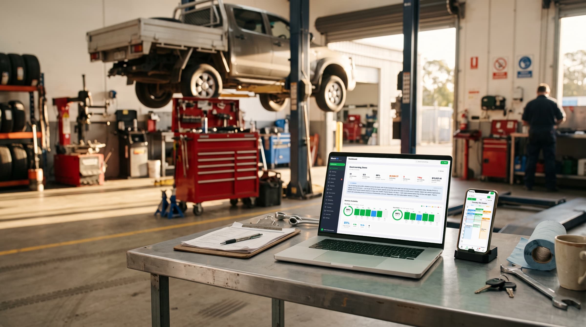 MechOS on a laptop and a phone on a workshop bench: the dashboard with this week's jobs, utilisation and money outstanding, and today's bookings for each technician on the phone